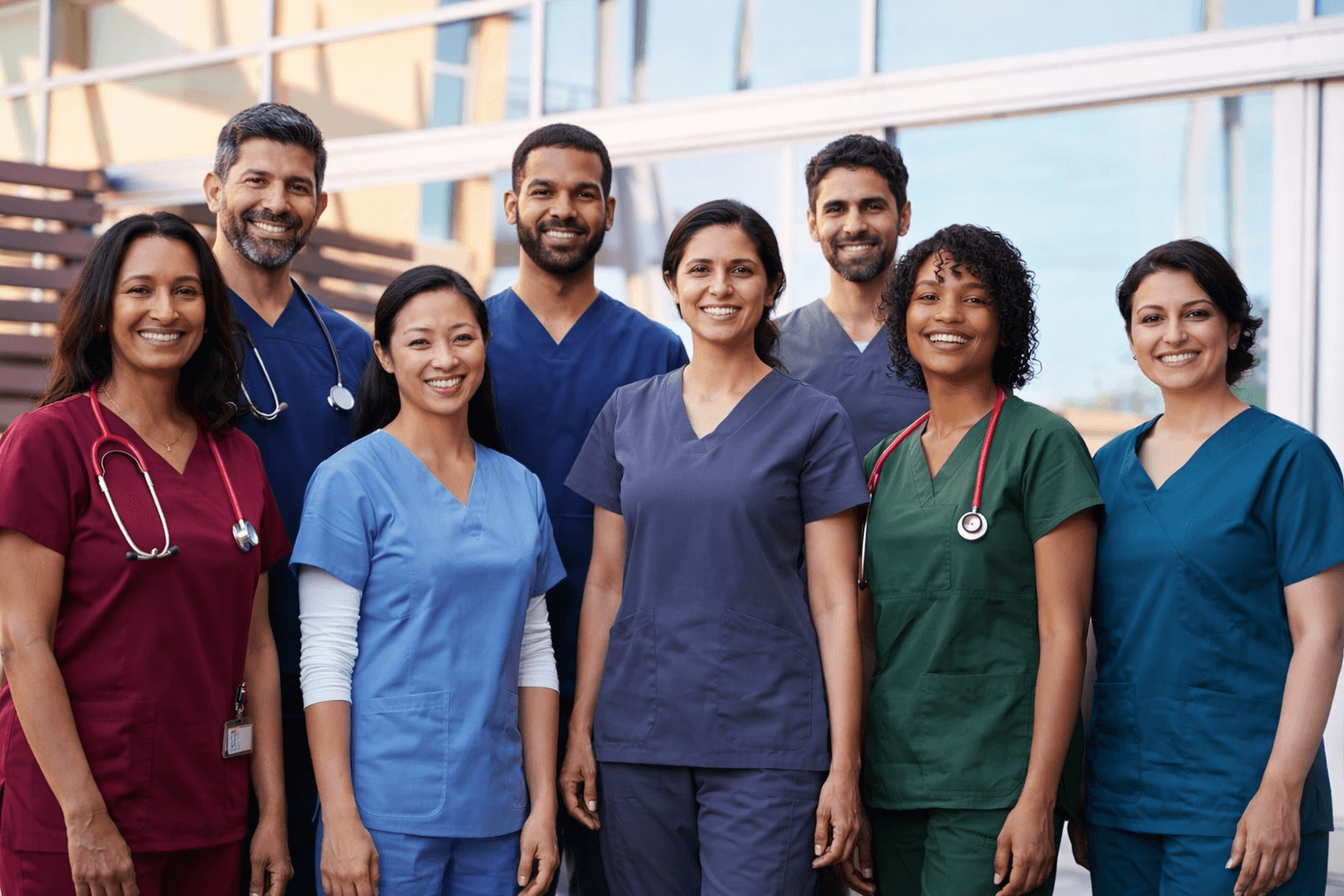 Healthcare professionals in doctor coats and scrubs supplied by Velookup